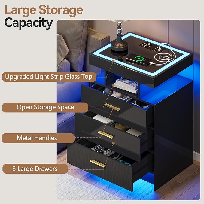 Black Night Stand with Wireless Charging Station,Smart Bedside Table with 3 Drawers,Modern Glass Top End Side Table with 3 Color Dimmable,LED Nightstand for Bedroom