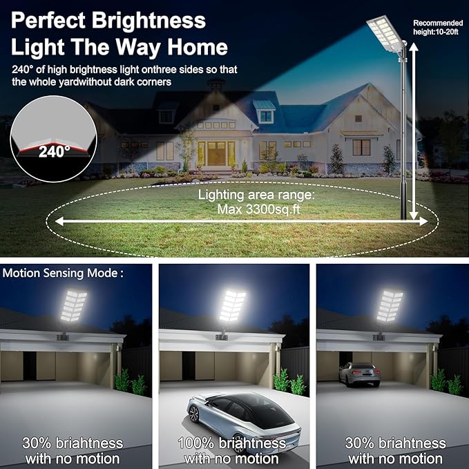 Solar Street Light - 9000W Street Lights Outdoor 260000LM Dusk to Dawn Solar Power Parking Lot Light, IP67 Waterproof Wide Angle Lamp with Motion Sensor for Yard, Road 1 Pack