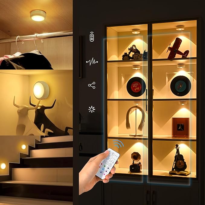 3 Pack Puck Lights LED RGB Dimmable Under Cabinet Lighting with Remote, Battery Operated Magnetic Recessed Lights for Kitchen Closet, Warm, Daylight,Cool White+RGB