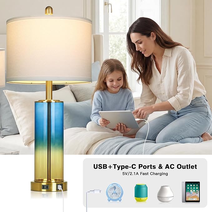 26" Blue and Gold Glass Lamps Set of 2, 3-Way Dimmable Touch Coastal Bedroom Table Lamp with USB C+A Ports & AC Outlet, Elegant Brass Living Room Lamp, Nautical Bedside Lamps for Night Stands