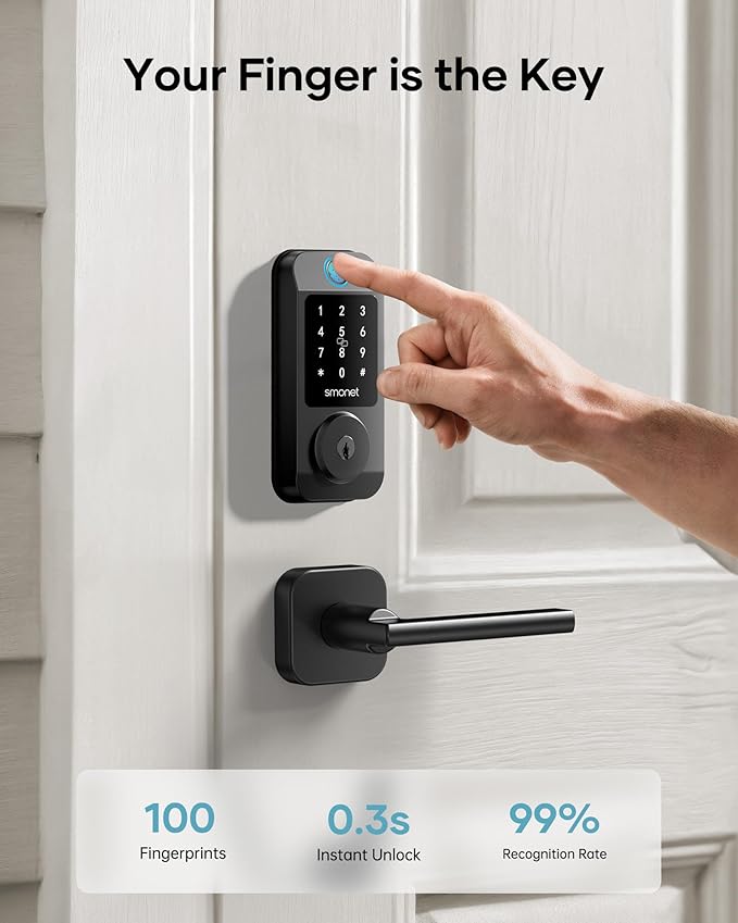 Keyless Door Lock with Handle Set - SMONET WiFi Fingerprint Smart Locks for Front Door, App Remote Control, Digital Bluetooth Keypad Deadbolt Set with Alexa, Auto Lock, Code, Fobs for Home Black