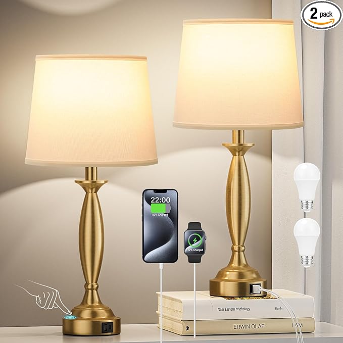 Seealle White Gold Lamps for Bedrooms Set of 2 - Touch Control Bedside Lamp with USB C+A, 3 Way Dimmable Nightstand Lamps with USB Port, Table Lamp for Living Room(White Shade and Gold Base)
