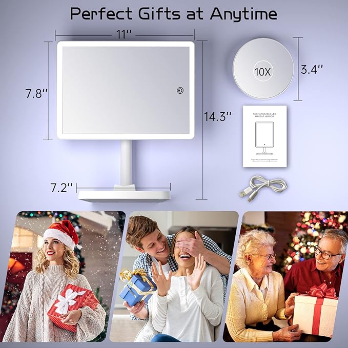 FUNTOUCH Large Makeup Vanity Mirror with Lights, Rechargeable Lighted Desk Makeup Mirror with 96 LED Lights and 10x Magnifying Mirror, 3 Color Lighting, Light up Make up Mirror with Phone Holder