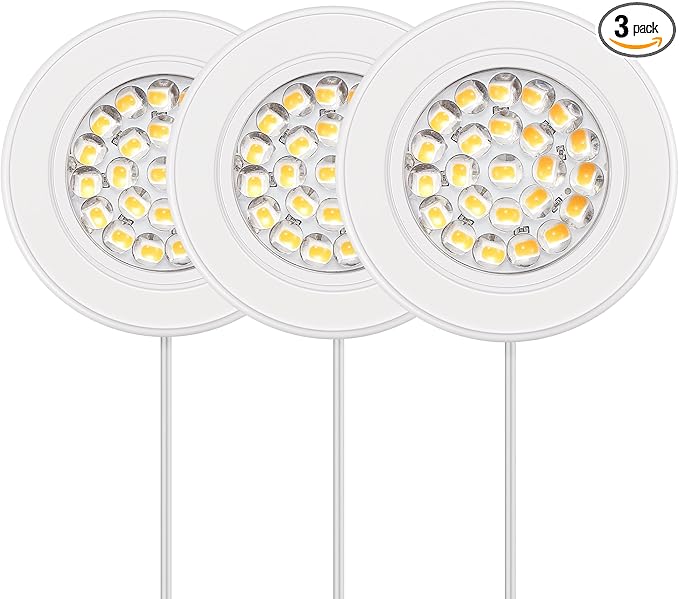 GETINLIGHT 2.5" Wide 3000K Dimmable LED Puck Lights Kit, Plug-in Installation with Recessed or Surface Mounted, White Finish Over Metal Construction, Set of 3, IN-0113-3-WH