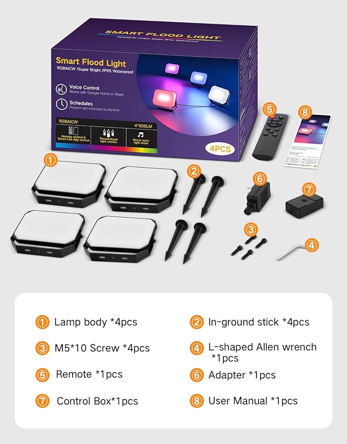 OUTON LED Flood Light Outdoor, 24W Smart RGBAICW Landscape Lighting with APP, Remote & Voice Control, 16 Million Colors, 2700K-6500K, IP65 Waterproof Uplights for Garden Party Stage, 4 Pack