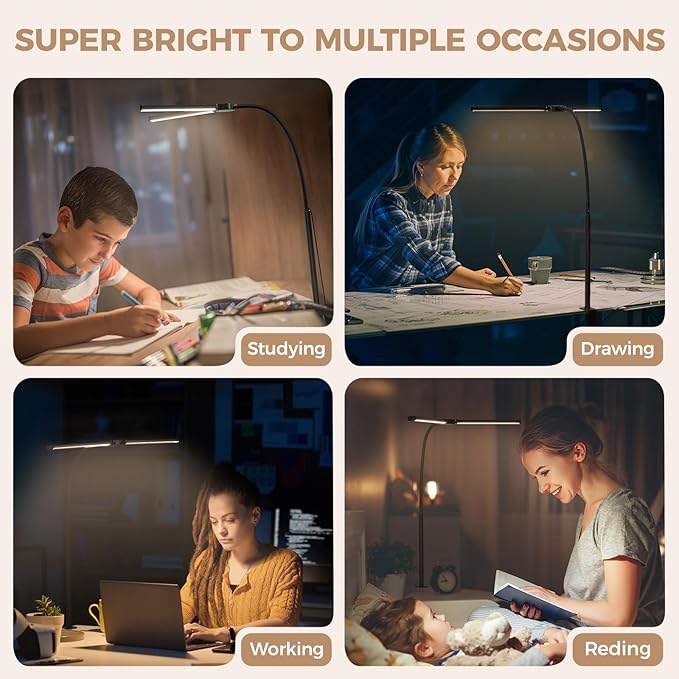 LED Desk Lamp for Home Office, Double Head Architect Light with Clamp, Computer Monitor Clip on Light, 3 Modes and 10 Brightness, Adjustable Flexible Goose-Neck, Table Task Lamp, Black