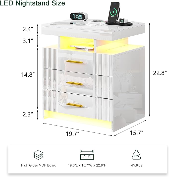 HNEBC LED Night Stand,Nightstand with Charging Station-USB+Type-C+Wireless Charging,Smart Bedside Table has Auto Sensor, High Gloss Nightstand White with 3 Drawers for Bedroom
