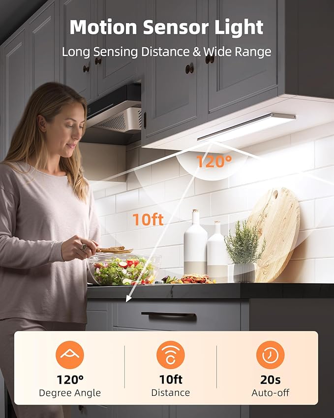 EZVALO 5000mAh Under Cabinet Lighting, 200LM Motion Sensor Light Indoor, Rechargeable Magnetic Under Counter Lights, 3 Inch Wide Panel Dimmable Closet Light for Pantry, Wardrobe, Hallway, Kitchen etc.