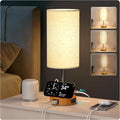 2026 Latest Bedside Table Lamp for Bedroom, 3 Way Dimmable Touch Lamp with Retractable Cable, USB-C & USB A Ports and AC Outlet, Phone Stand, Flaxen Fabric Shade for Nightstand Desk, LED Bulb Included