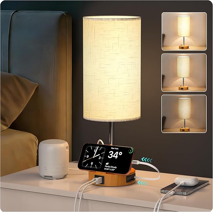 2026 Latest Bedside Table Lamp for Bedroom, 3 Way Dimmable Touch Lamp with Retractable Cable, USB-C & USB A Ports and AC Outlet, Phone Stand, Flaxen Fabric Shade for Nightstand Desk, LED Bulb Included