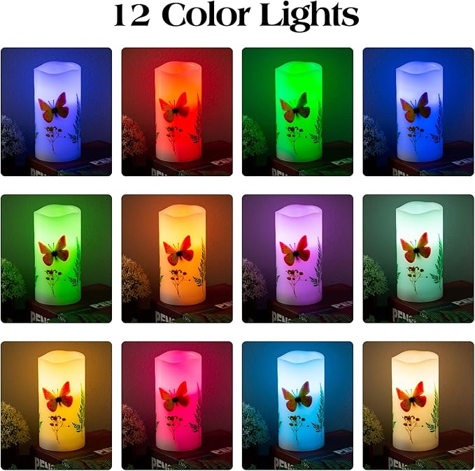 Flameless Candle with Remote Control, Battery Operated Led Light Electric Candles with Flickering Timer Dimmer Feature, Halloween Christmas Fall Home Decorations, 3 X 6 '' (Orange Butterfly Candle)