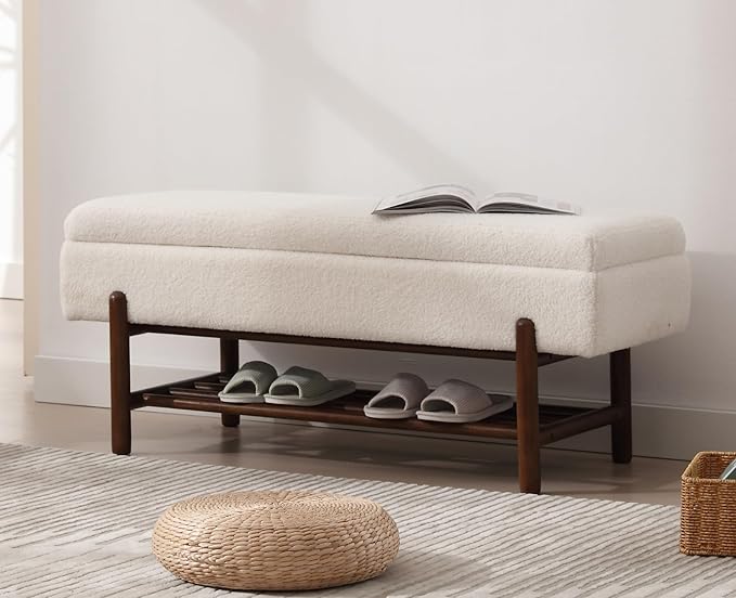 Modern Entryway Storage Bench, Upholstered Shoe Ottoman Bench, Flip-Top End of Bed Bench with Wood Shelf for Living Room/Bedroom/Hallway/Under Window,45Inches, Cream Faux Fur