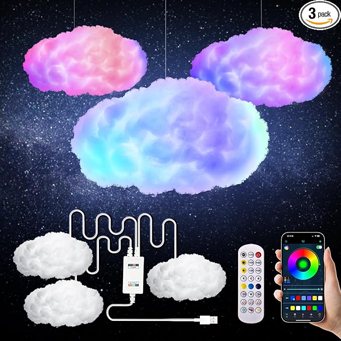 3D Cloud Lamp 3 Pack – 24 Inch Cotton LED Mood Lights, APP & Remote Controlled, Music Sync, 16 Million Colors, USB Powered for Bedroom, Gaming Room, Starry Sky Ceiling Decor