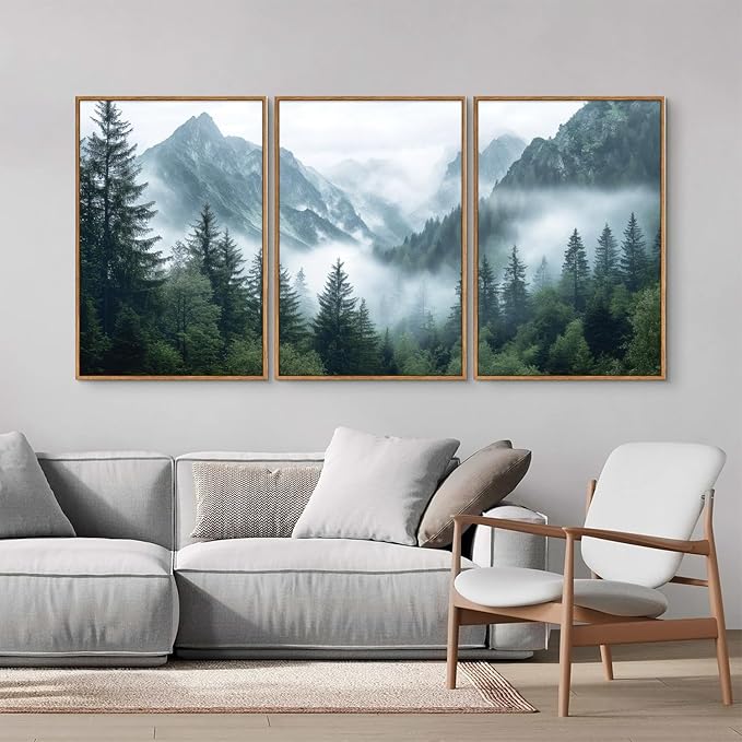 YeeHomedec Large Mountain Framed Canvas Wall Art, Modern Calming Forest Wall Decor, Misty Nature Mountains Art Painting, Wooden Pine Trees Artwork for Living Room Bedroom Farmhouse 24"x36"x3