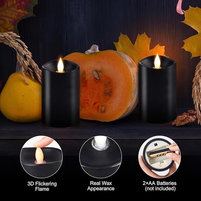 2PCS, 3 x 5 inches Flameless Candle with Remote Control, 3D Flickering Wick, Real Wax Pillar LED Candles, Battery Operated Candles,with Timer,for Holiday Home Decor, Black