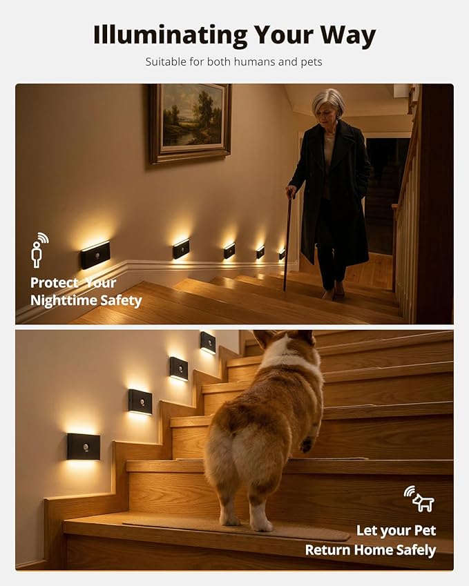 wowatt Rechargeable Motion Sensor Stair Light, Black Night Lights with Magnetic Mount, Dimmable Step Lights Indoor for Stairway, Hallway, Kitchen, Bathroom(8 Packs)