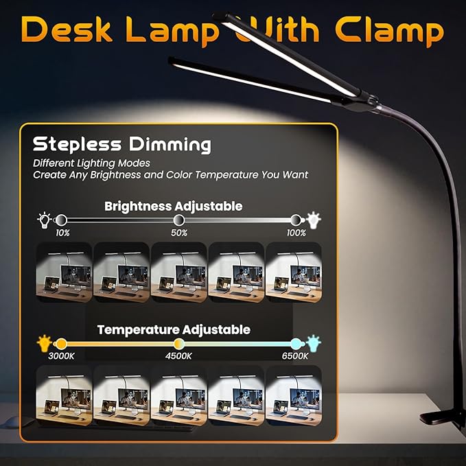 LED Desk Lamp for Office Dorm Home - Eye Caring Desk Light Extra-Wide Lighting Coverage Gooseneck Dimmable Table lamp, No Assembly Required