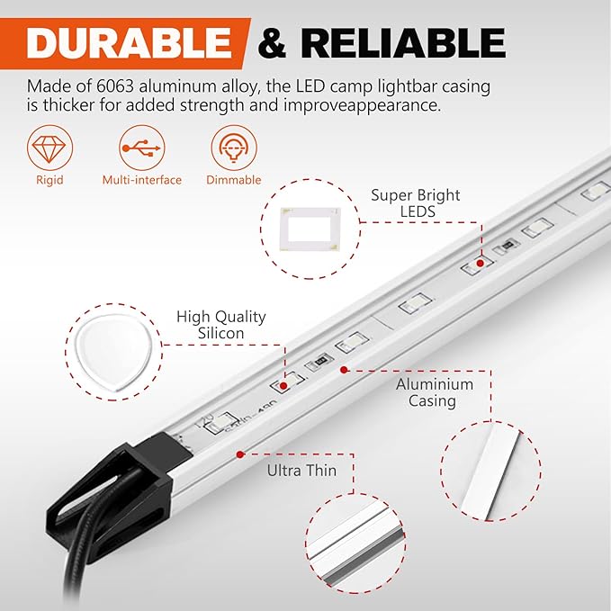 FIERYRED 2PCS 12V Dimmable LED Camping Light Bars IP67 Waterproof & Dustproof, Built-in Magnets & Velcro Mount, Aluminum Lighting Kit for Tent, RV, Awning, Roof Rack, Vehicle, Amber