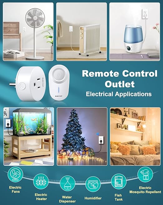 Remote Control Outlet, ELECTOP 15A/1500W Wireless Outlet Power Switch, No Wire Long Range Electrical Switch Plug On/Off for Lights, Fans, Christmas Lights, Household Appliance, 4000V Anti Surge