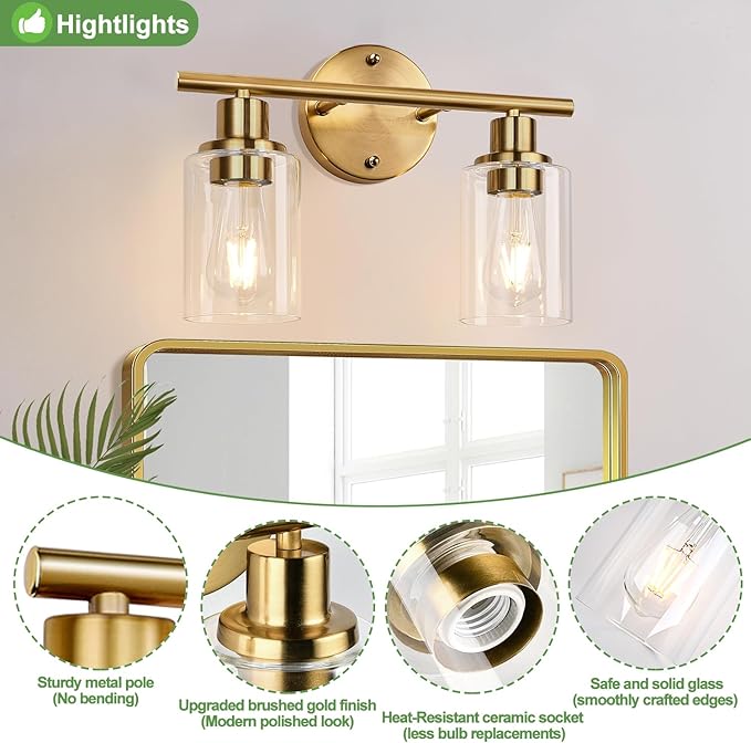 2-Light Bathroom Light Fixtures, Brushed Gold Vanity Light, Modern Vanity Lights with Clear Glass Shade, Bathroom Wall Lamp for Mirror Kitchen Living Room Hallway Cabinet Porch