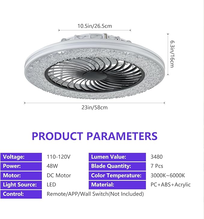 20" Modern LED Ceiling Fan Light, Smart Bladeless Ceiling Fans with Lights and Remote, RGB Bluetooth Fan Chandelier for Bedroom,Living Room, Office (23)