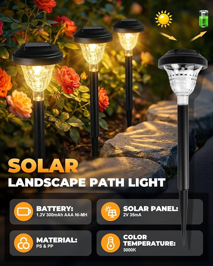 Solar Pathway Lights Outdoor 10 Pack Waterproof Solar Garden Lights Auto On/Off LED Solar Yard Lights 3000K Warm White Solar Stake Lights Outdoor Landscape Path Lights for Driveway Walkway