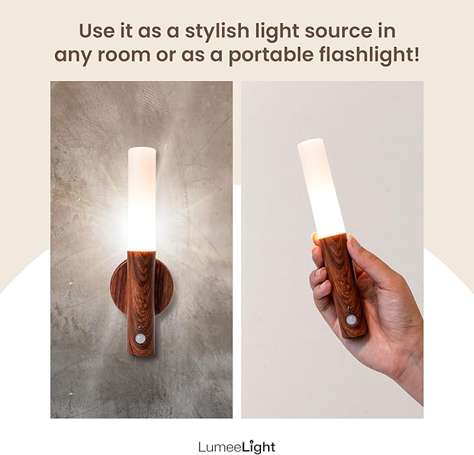 Motion Sensor Night Lights, Magnet Body Hallway Rechargeable LED Wireless Wall Sconces, Portable Decor Battery Powered Indoor Torch Lighting for Bedroom (Walnut 2PCS)
