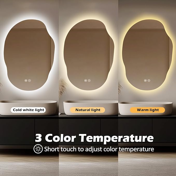 LED Bathroom Mirror with Lights 25x35, Dimmable Irregular Backlit Vanity Mirror with 3 Colors, Anti-Fog, Memory, Al-Alloy Lampshade, Frameless Smart Mirror for Bathroom (Horizontal/Vertical)