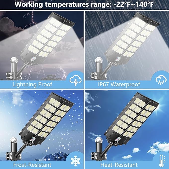 9000W Solar Street Lights Outdoor Dusk to Dawn, 240000LM 7000K IP67 Waterproof Motion Sensor Parking Lot Lights for Garden Pathway, High Efficiency LED Solar Street Lights