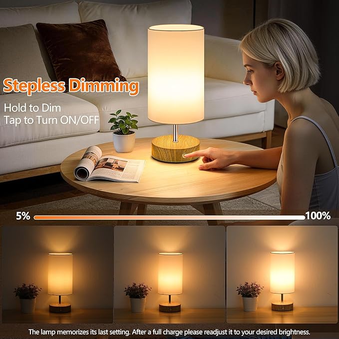 TOBUSA Cordless Table Lamp, Rechargeable 6000mAh Battery Operated Bedside Lamp, Portable Touch LED Desk Lamp Dimmable, Wireless Lamp with Wood-Grain Base, Modern Night Light for Bedroom, Bulb Included