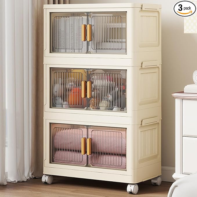 3 Tier Stackable Plastic Storage Bins with Lids 58QT, Collapsible Closet Organizers and Storage with Wheels for Living Room,Office,Dorm
