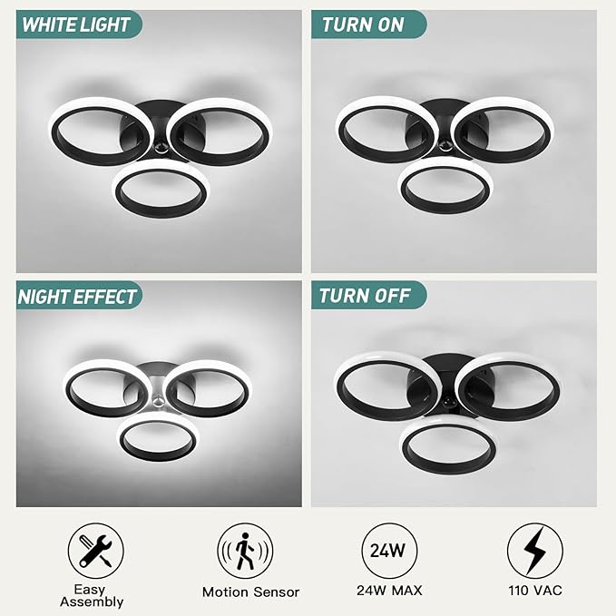 ZGLAOJT Led Motion Sensor Light Indoor 24w Semi Flush Mount Ceiling Light Fixture Black 6000k Modern White Light for Hallway Porch Stair Closet Laundry.