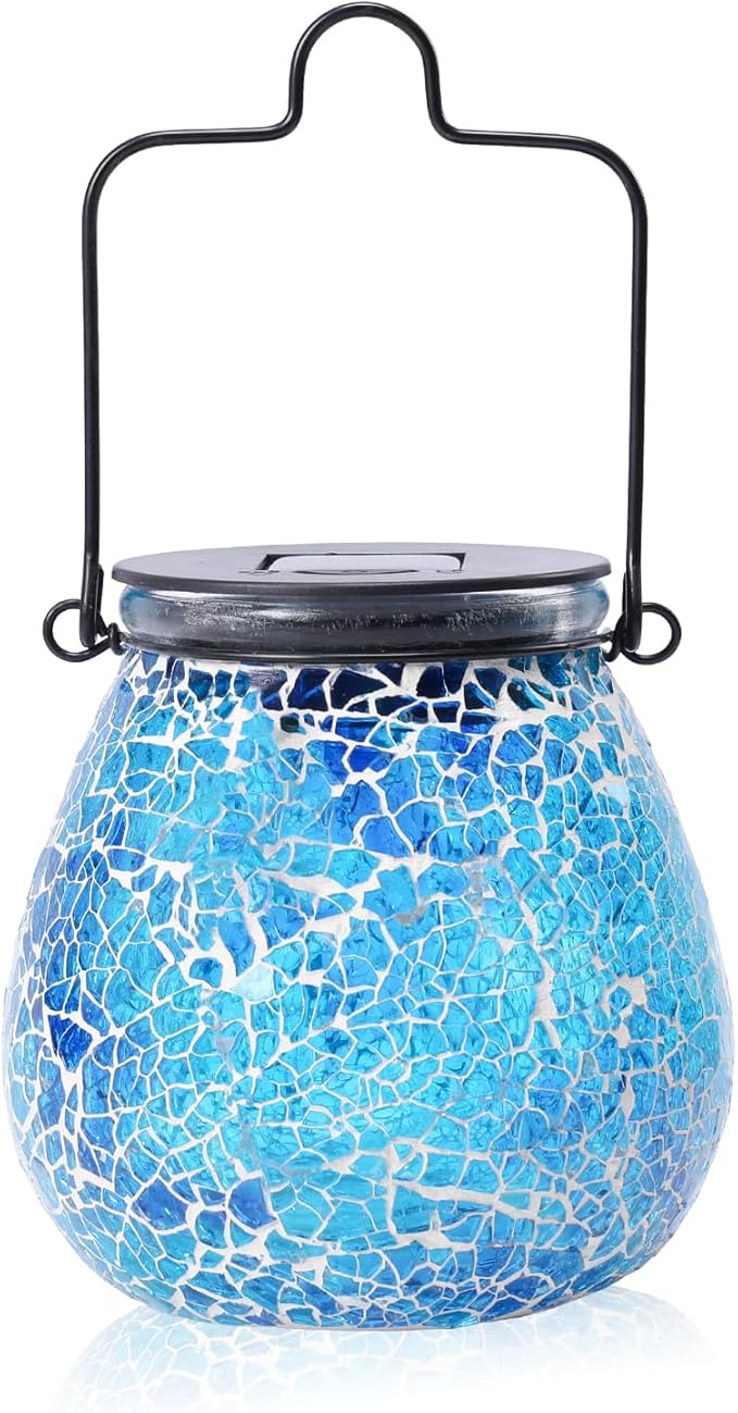 Bshine Mosaic Solar Lantern Outdoor Hanging Waterproof, Fragmented Glass Blue Mosaic Light Valentine's Day Indoor Decor Table, Garden Decor for Yard Outside, Lawn, Birthday Gift for Mom Gardening
