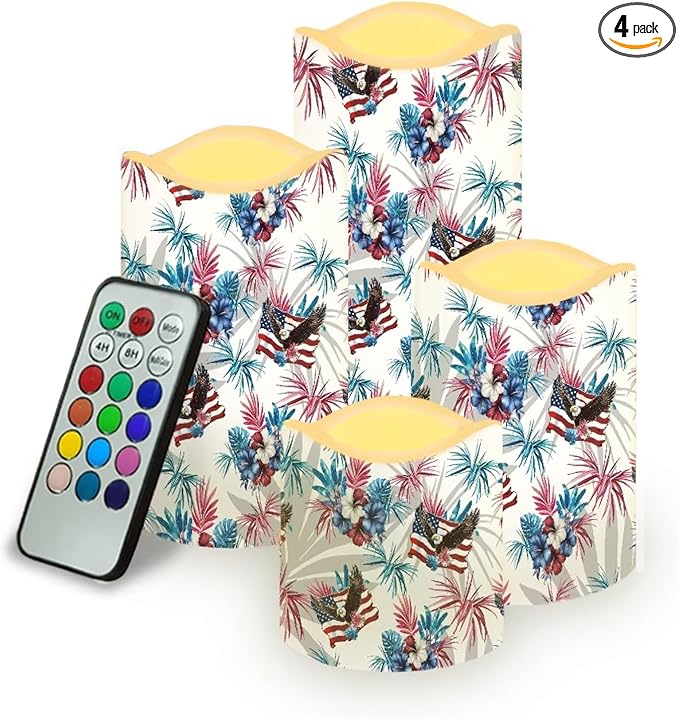 250th Anniversary Fake Candles Set of 4 Bald Eagle Star Stripes Pattern LED Battery Operated Flickering Remote Fourth of July Lamp Patriotic Decor for Bedroom Wedding Restaurant
