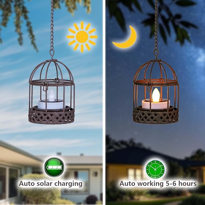 Solar-Hanging-Lanterns-Outdoor-Waterproof, Rust Birdcage Style Candle Holders with Flickering Solar Tea Lights for Backyard Patio Garden Fence Tree Decoration (4 Pack)