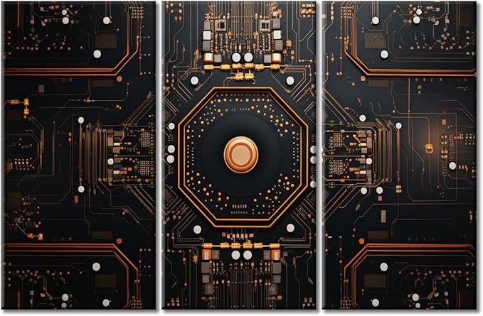 Advanced Electronic Circuit Modern Wall Art 3 Panels Computer Processors CPU Picture Contemporary Artwork Print On Canvas Bedroom Wall Art for Living Room Framed Ready to Hang 60"Wx40"H