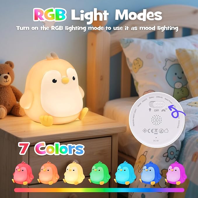 Squishy Penguin Night Light with RGB Mode Cute Chubby Penguin Light 3 Brightness Adjustable Nursery Breastfeeding Nightlight Rechargeable Silicone Touch Bedside Animal Lamp for Bedroom Dorm Decor