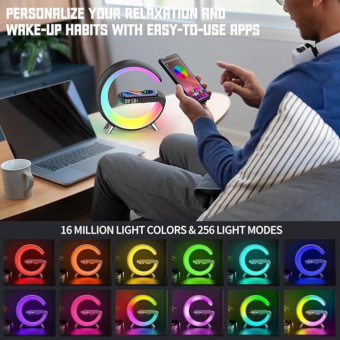 Smart LED Table Lamp,4 in 1 Night Light,Wireless Charger,Alarm Clock and Bluetooth Speaker with App Control Color Changing Atmosphere Table Lamp for Bedroom, Office, Home Decor