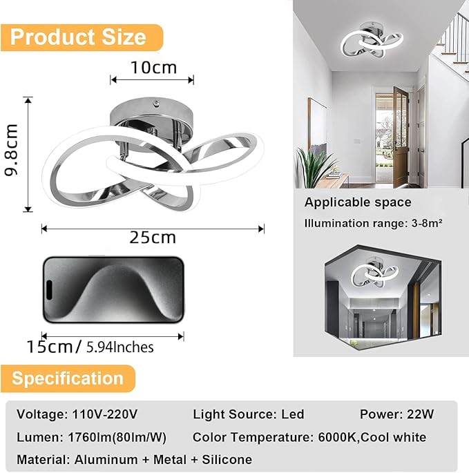 Modern LED Ceiling Lights, 9.5in Chrome Hallway Ceiling Light fixtures 22W Cool White 6000K, Flush Mount Ceiling Light for Kitchen,Aisle, Entrance, Bedroom, Bathroom, Living Room