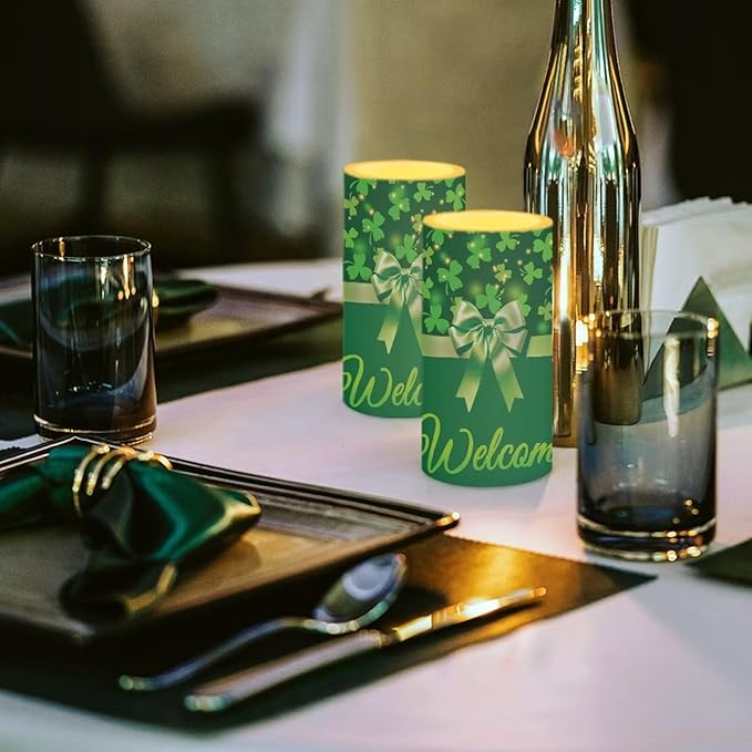 St Patricks Day Decor Flameless Candles Battery Candles with Remote Control Green Bow LED Pillar Candles Electric Fake Plastic Candles for Home Room Bedroom Holiday Decorations Set of 2