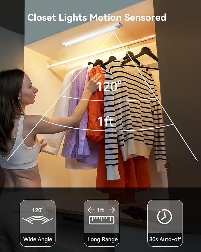 12 Inches Under Cabinet Lighting 6 Packs with 1 Charging Station, Rechargeable Motion Sensor Light Indoor, 3 Color Temps, Dimmable Closet Light Stick on, Under Counter Lights for Kitchen