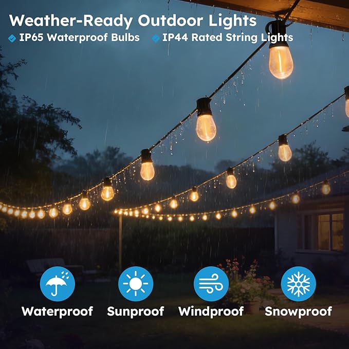 200FT S11 LED Outdoor String Lights with App & Remote, Low-Voltage Patio Lights with Music Sync, 4 Lighting Modes, Dimmable, Waterproof LED Outdoor Lights for Backyard, Porch, Deck, Garden