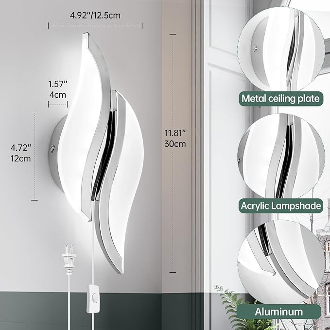 CANEOE Plug in Wall Sconces Set of Two 6000K Chrome Modern LED Wall Light Fixtures Acrylic Wall Sconce Lighting for Living Room Bedroom Bedside Bathroom Hallway Stairway Wall Lamp
