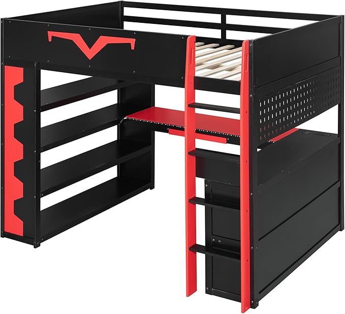 Full Size Gaming Loft Bed with Integrated Desk & RGB LED Lights,Bunk Bed with Power Outlet, Large Bookshelf, Pegboard, Keyboard Tray & Drawer (Red-Bo, Full)