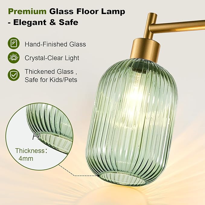 【Upgraded】 Dimmable Glass Floor Lamp for Living Room, Modern Gold Standing Lamp with Green Ribbed Glass Lampshade & Knob Dimmer, Arc Tall Lamp for Bedroom Office Reading Room, 2700K Led Bulb Included