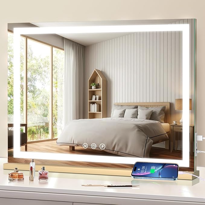 Large Lighted Vanity Mirror, 23" x 19" Light Up Make up Mirror with Smart Touch 3 Colors Dimmable, Tabletop or Wall-Mounted, Memory Function