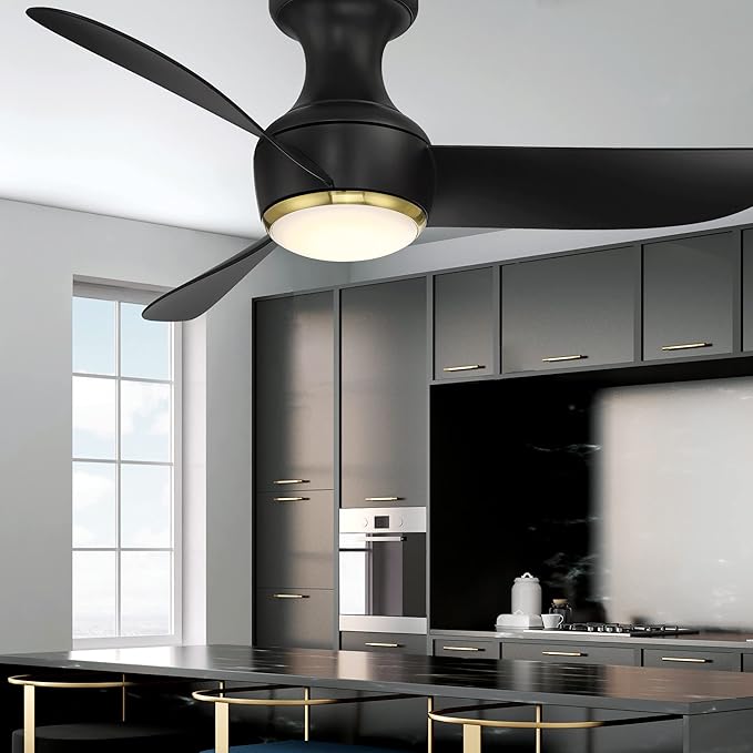Corona Smart Indoor and Outdoor 3-Blade Flush Mount Ceiling Fan 44in Satin Brass Black 3500K LED Light Kit and Remote Control works with Alexa, Google Assistant, Samsung Things, and iOS or Android App