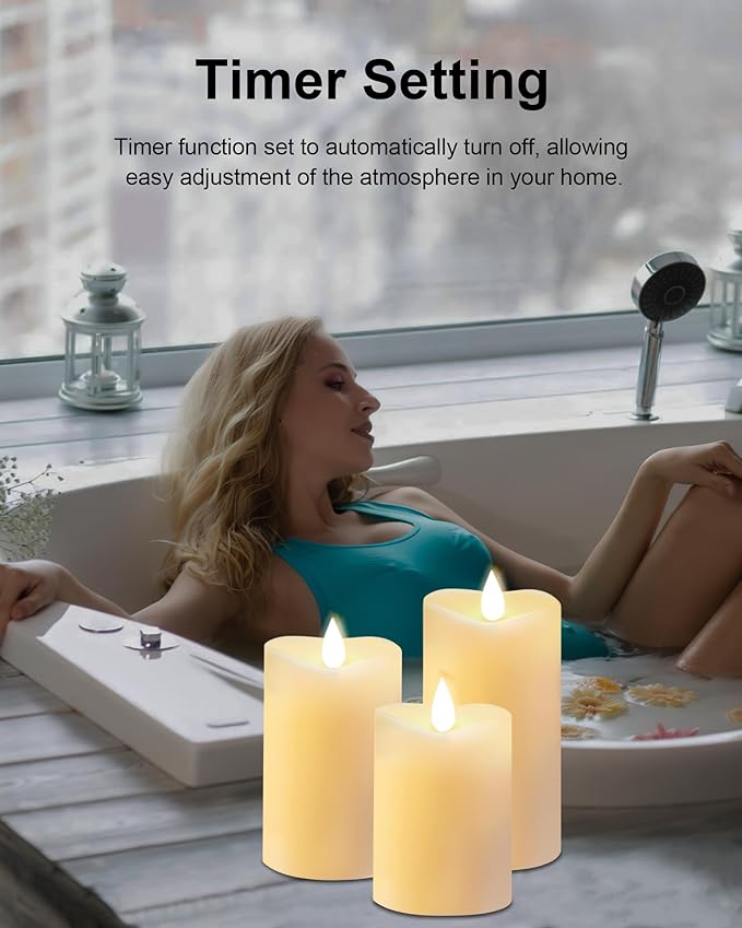 LOGUIDE Flickering Flameless Candles with Remote Timer, Realistic 3D Moving Flame with Real Wax Pillar LED Candles,Lasting 500+Hours Battery Operated Candles for Wedding Decoration, Christmas,3 Pack