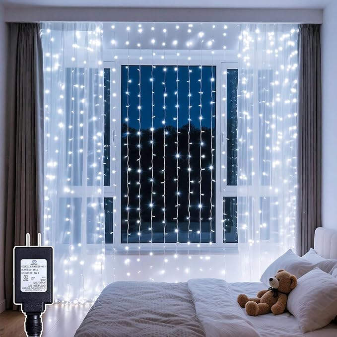 Curtain Lights with Hooks, 200 LED 9.8 x 6.6FT Window String Lights, Plug in Fairy Lights with Remote & Timer, 8 Modes Waterproof Hanging Backdrop Lights for Bedroom, Wedding, Christmas Decor