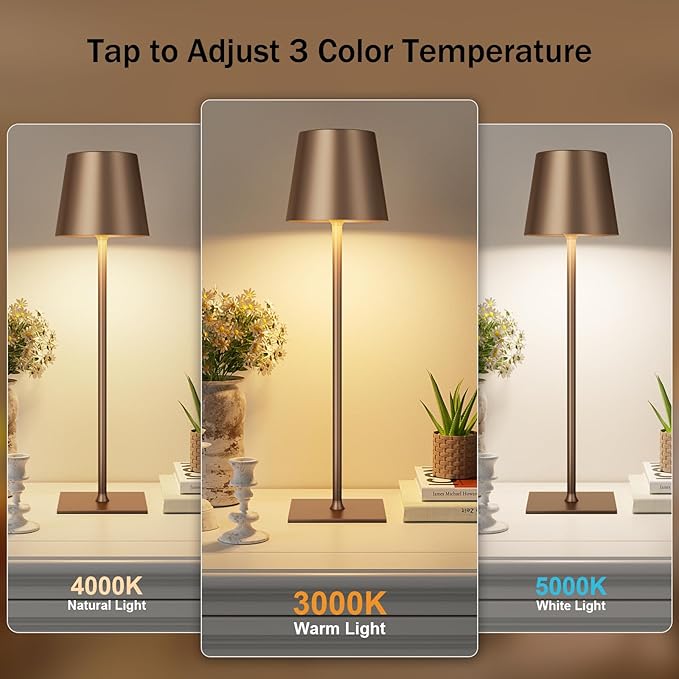 Brown Cordless Rechargeable Table Lamp, 2 Pack Portable Desk Lamp with 5000mAh Battery, Touch Control Stepless Dimming, Wireless Night Light for Dining, Outdoor Camping, Coffee Shop, Waterproof Design
